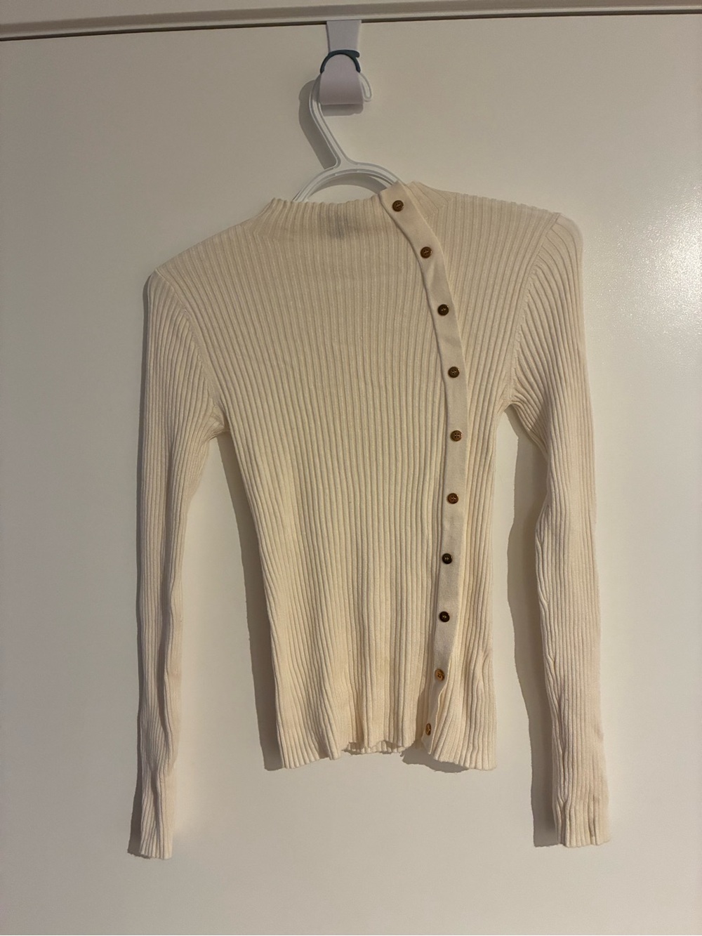 Ribbed Cream Button-Trim Long Sleeve Top